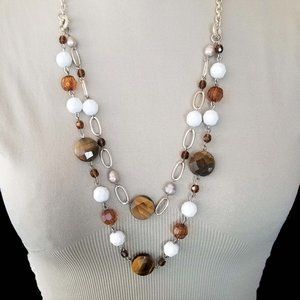 Silver Necklace w/White Amber Brown Acrylic Beads